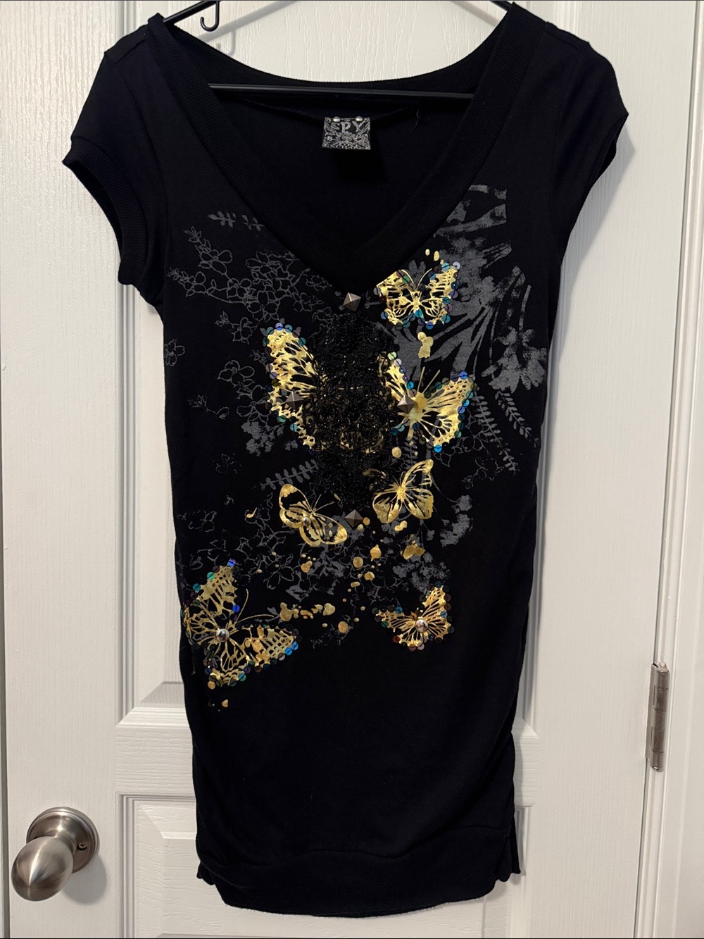 SPY Womens Small Black V-Neck Tunic with Gold Butterfly Accents & Black Beading